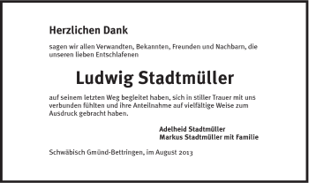 Traueranzeige von Ludwig Stadtmüller von Gmünder Tagespost