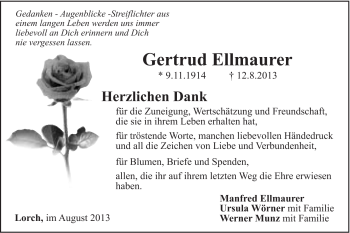 Traueranzeige von Gertrud Ellmaurer von Gmünder Tagespost