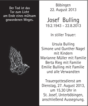 Traueranzeige von Josef Bulling von Gmünder Tagespost