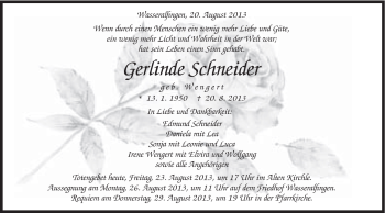 Traueranzeige von Gerlinde Schneider von Schwäbische Post