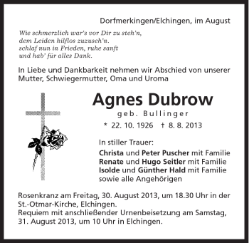 Traueranzeige von Agnes Dubrow von Schwäbische Post