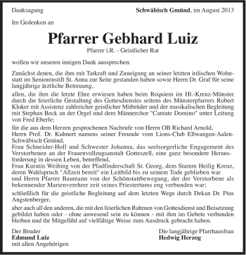 Traueranzeige von Gebhard Luiz von Gmünder Tagespost