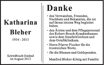 Traueranzeige von Katharina Bleher von Gmünder Tagespost
