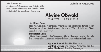 Traueranzeige von Alwine Oßwald von Schwäbische Post