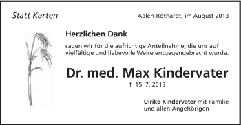 Traueranzeige von Dr. med. Max Kindervater von Schwäbische Post
