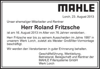 Traueranzeige von Roland Fritzsche von Gmünder Tagespost