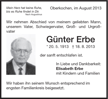 Traueranzeige von Günter Erbe von Schwäbische Post