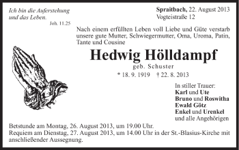 Traueranzeige von Hedwig Hölldampf von Gmünder Tagespost
