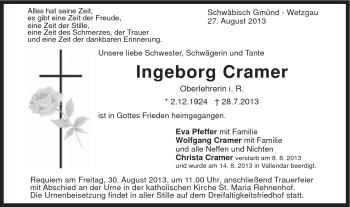 Traueranzeige von Ingeborg Cramer von Gmünder Tagespost