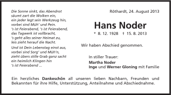 Traueranzeige von Hans Noder von Schwäbische Post