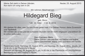 Traueranzeige von Hildegard Bieg von Schwäbische Post