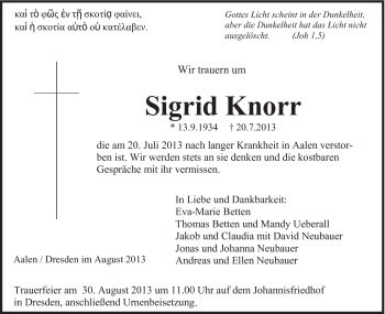 Traueranzeige von Sigrid Knorr von Schwäbische Post