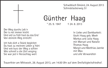Traueranzeige von Günther Haag von Gmünder Tagespost