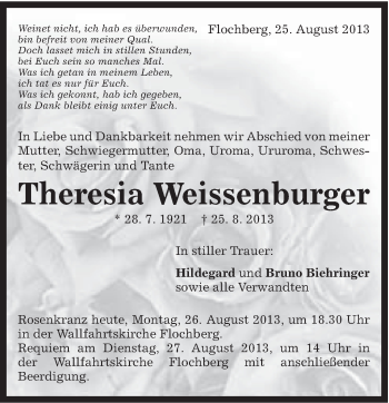 Traueranzeige von Theresia Weissenburger von Schwäbische Post