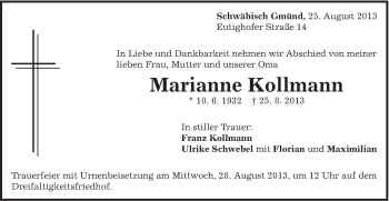 Traueranzeige von Marianne Kollmann von Gmünder Tagespost