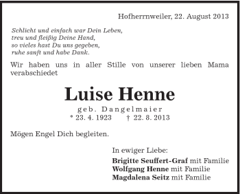 Traueranzeige von Luise Henne von Schwäbische Post