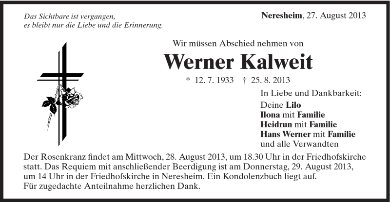  Traueranzeige für Werner Kalweit vom 27.08.2013 aus Schwäbische Post