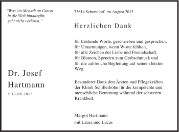 Traueranzeige von Josef Hartmann von Gmünder Tagespost