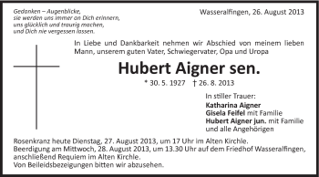 Traueranzeige von Hubert Aigner von Schwäbische Post