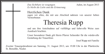 Traueranzeige von Theresia Rupp von Schwäbische Post