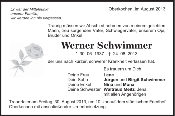 Traueranzeige von Werner Schwimmer von Schwäbische Post