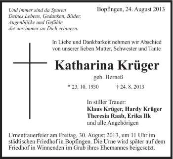 Traueranzeige von Katharina Krüger von Schwäbische Post