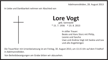 Traueranzeige von Lore Vogt von Schwäbische Post