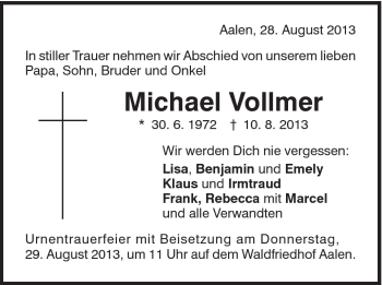 Traueranzeige von Michael Vollmer von Schwäbische Post