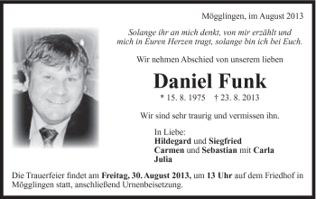 Traueranzeige von Daniel Funk von Gmünder Tagespost