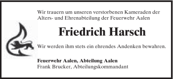 Traueranzeige von Friedrich Harsch von Schwäbische Post