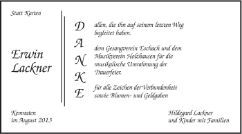 Traueranzeige von Erwin Lackner von Gmünder Tagespost