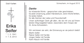 Traueranzeige von Erika Seifer von Schwäbische Post