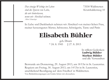 Traueranzeige von Elisabeth Bühler von Gmünder Tagespost