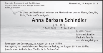 Traueranzeige von Anna Barbara Schindler von Schwäbische Post