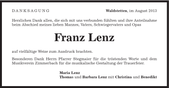Traueranzeige von Franz Lenz von Gmünder Tagespost