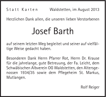 Traueranzeige von Josef Barth von Gmünder Tagespost