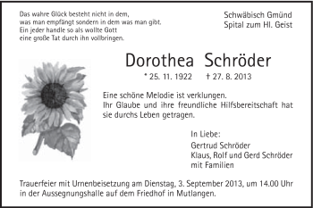 Traueranzeige von Dorothea Schröder von Gmünder Tagespost