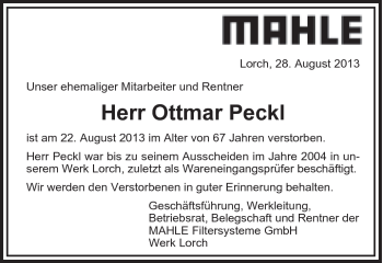 Traueranzeige von Ottmar Peckl von Gmünder Tagespost