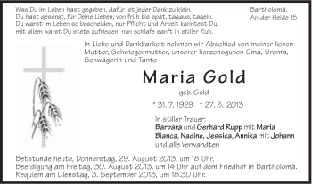Traueranzeige von Maria Gold von Gmünder Tagespost