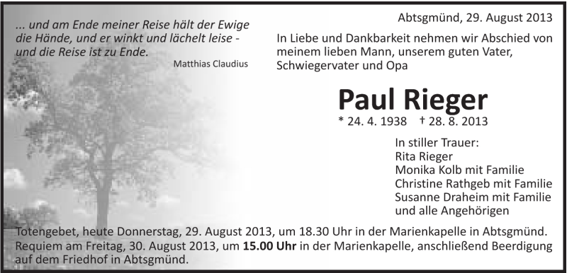  Traueranzeige für Paul Rieger vom 29.08.2013 aus Schwäbische Post