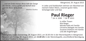 Traueranzeige von Paul Rieger von Schwäbische Post