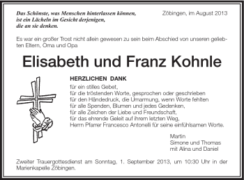 Traueranzeige von Elisabeth + Franz Kohnle von Schwäbische Post