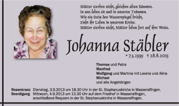 Traueranzeige von Johanna Stäbler von Schwäbische Post