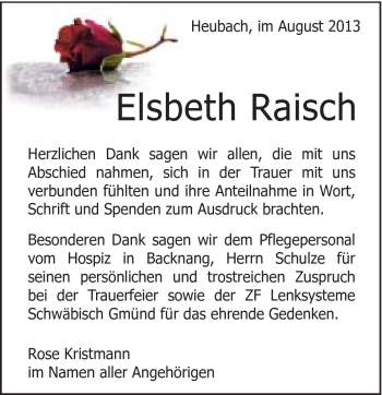Traueranzeige von Elsbeth Raisch von Gmünder Tagespost
