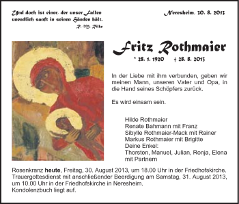 Traueranzeige von Fritz Rothmaier von Schwäbische Post
