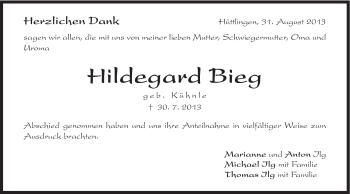 Traueranzeige von Hildegard Bieg von Schwäbische Post