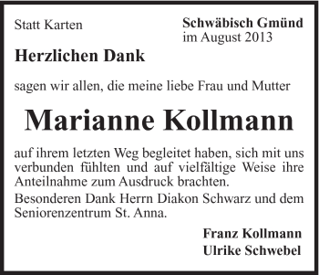 Traueranzeige von Marianne Kollmann von Gmünder Tagespost