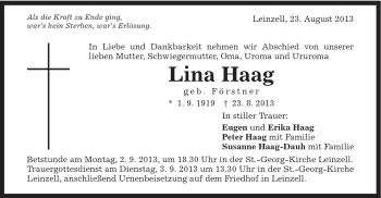Traueranzeige von Lina Haag von Gmünder Tagespost