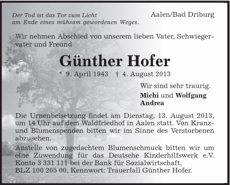  Traueranzeige für Günther Hofer vom 10.08.2013 aus Schwäbische Post
