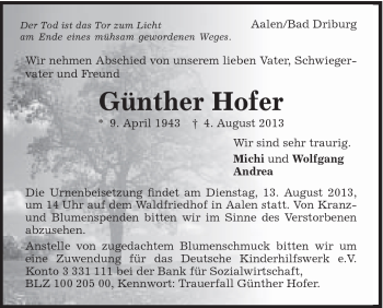 Traueranzeige von Günther Hofer von Schwäbische Post